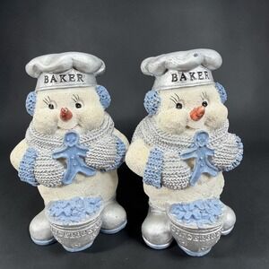 Vintage Encore 1999 EGC Snowman Baker Figurines Set 2 Blue Silver Winter Resin